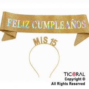 SET VINCHA MIS 15 Y BANDA FELIZ CUMPLEA�OS ORO